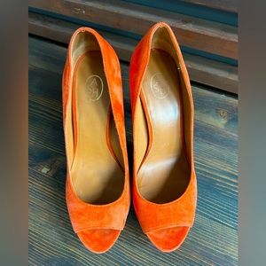 Fab Peep Toes Orange Suede Platforms, size 42